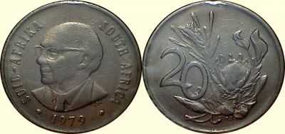 South Africa 20 Cents 1979 #102 Ni Comm Dth Pres NJ Diederichs SYO
